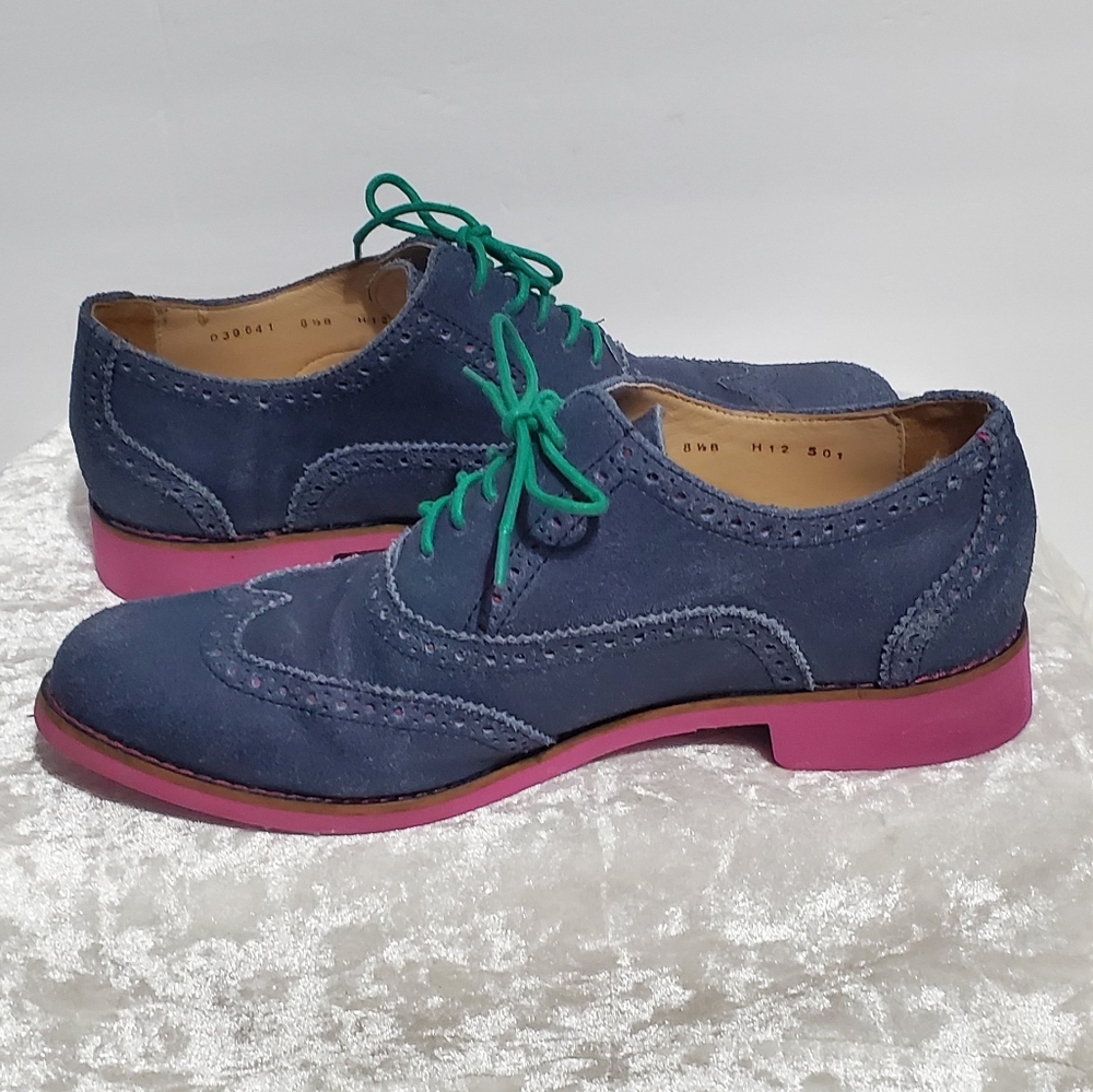 Cole Haan Navy Suede Wingtip Oxfords with Pink Sole and Green Laces